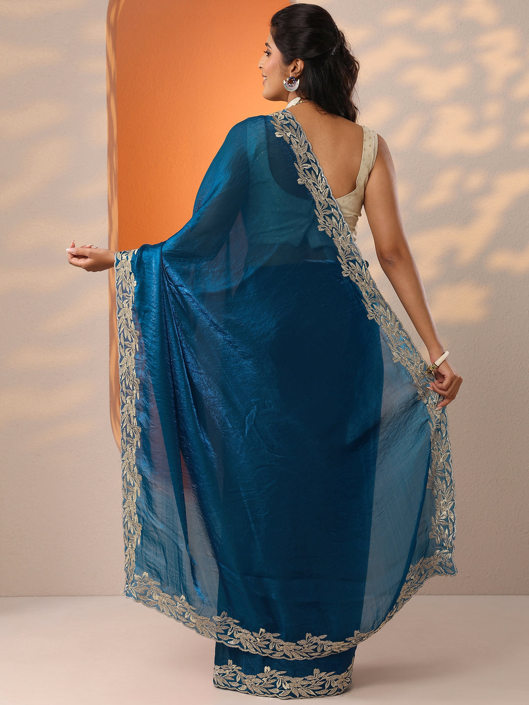  Blue Embroidered Organza Saree With Unstitched Blouse Piece 