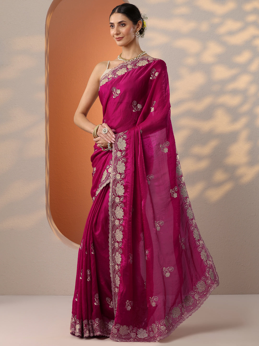  Pink Embroidered Organza Saree With Unstitched Blouse Piece 