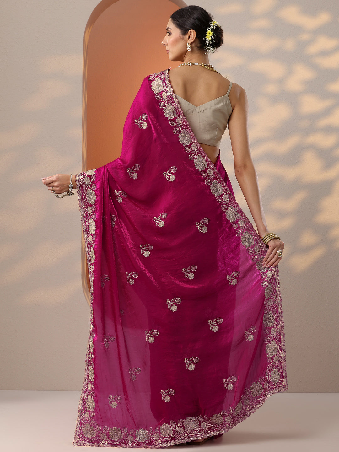  Pink Embroidered Organza Saree With Unstitched Blouse Piece 