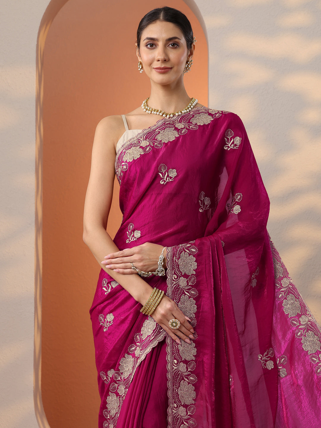  Pink Embroidered Organza Saree With Unstitched Blouse Piece 