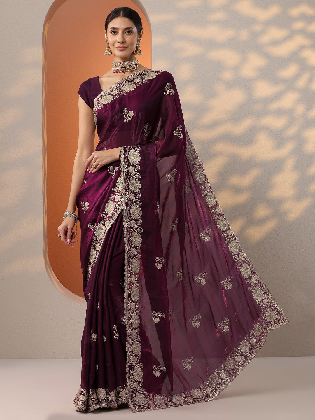  Burgundy Embroidered Organza Saree With Unstitched Blouse Piece 