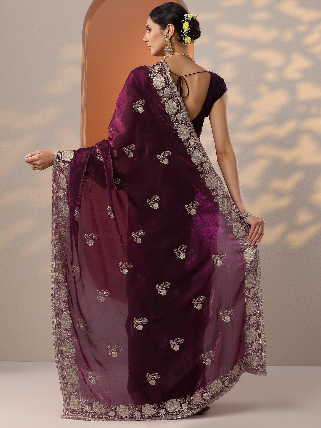  Burgundy Embroidered Organza Saree With Unstitched Blouse Piece 