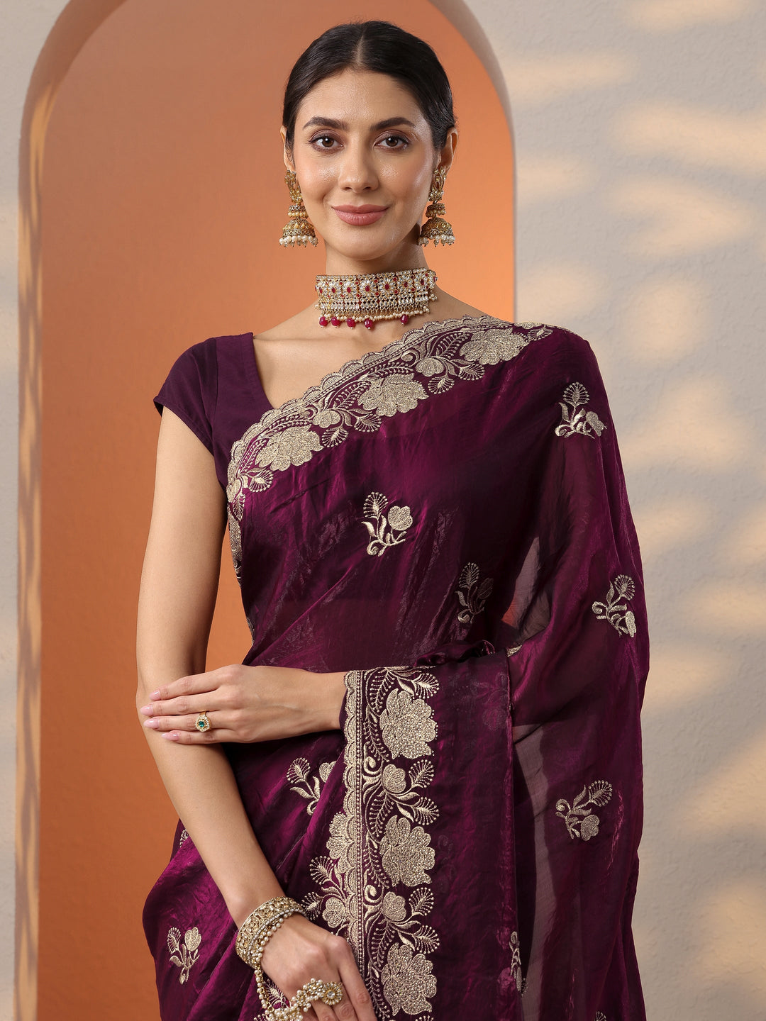  Burgundy Embroidered Organza Saree With Unstitched Blouse Piece 