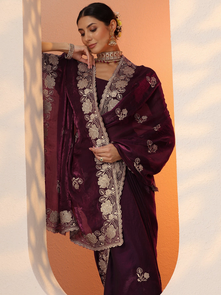 Libas Burgundy Embroidered Organza Saree With Unstitched Blouse Piece