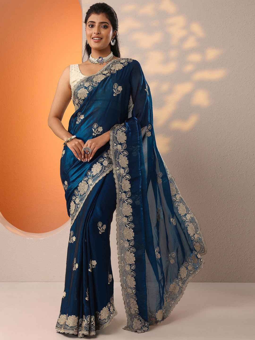  Navy Blue Embroidered Organza Saree With Unstitched Blouse Piece 