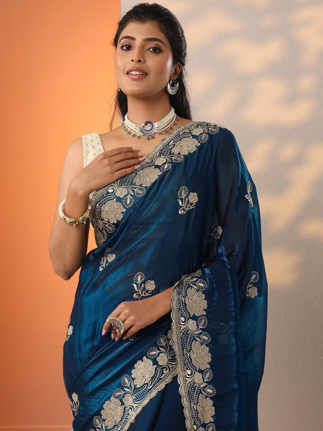  Navy Blue Embroidered Organza Saree With Unstitched Blouse Piece 