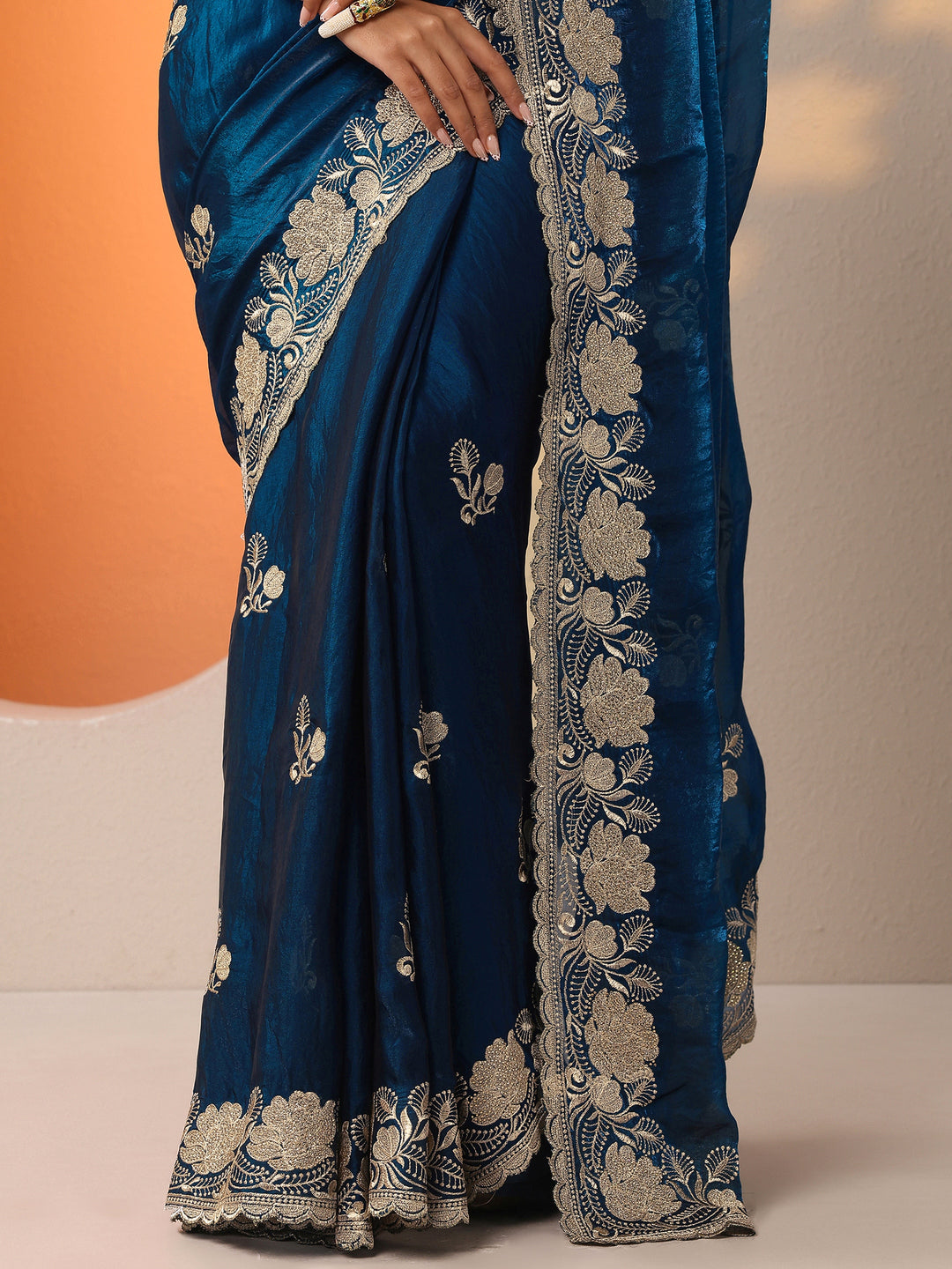  Navy Blue Embroidered Organza Saree With Unstitched Blouse Piece 