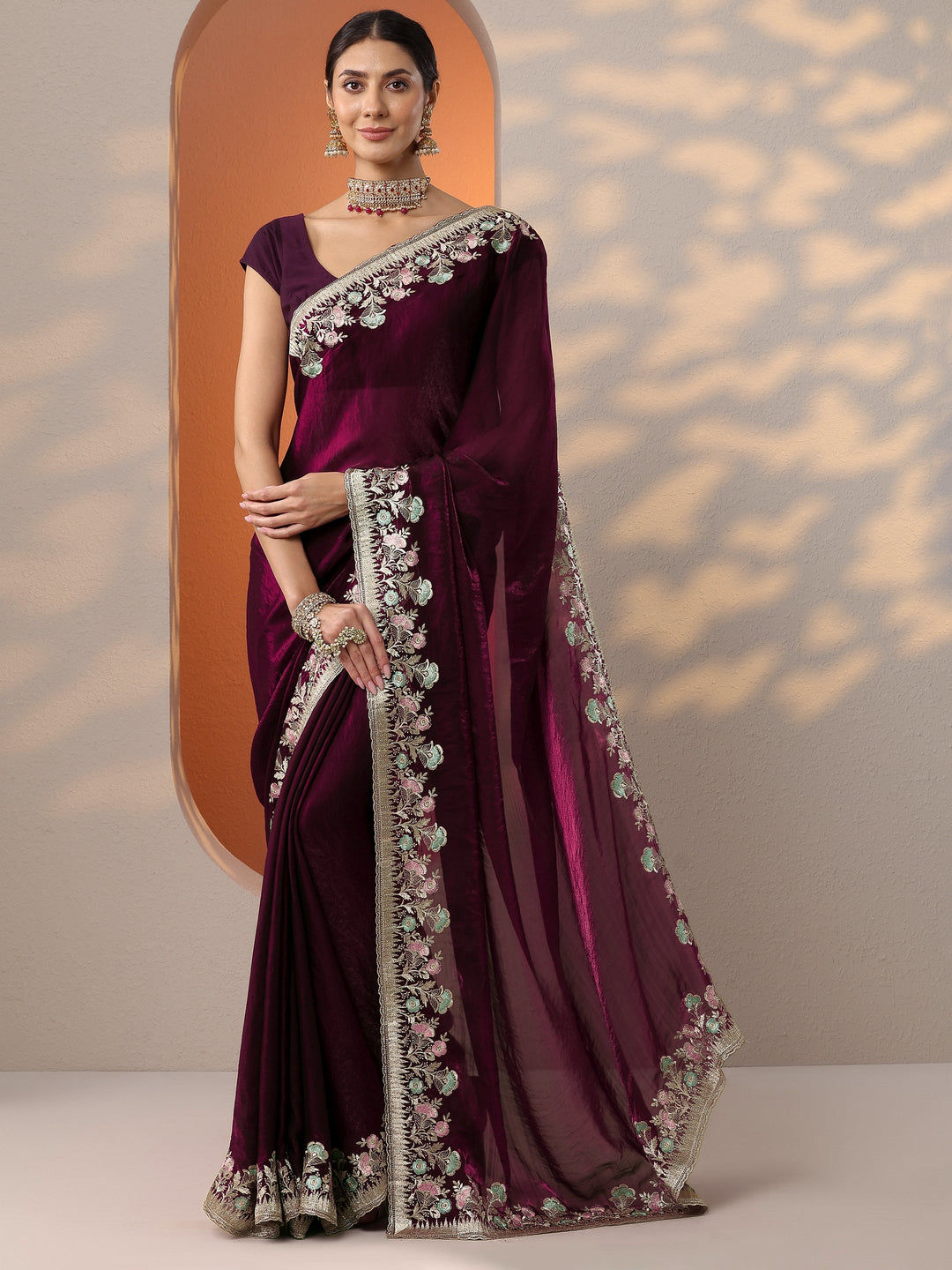  Burgundy Embroidered Organza Saree With Unstitched Blouse Piece 