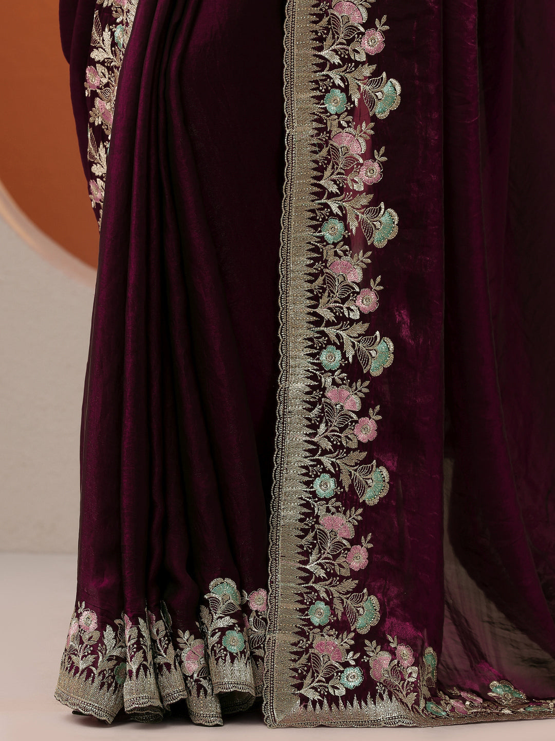  Burgundy Embroidered Organza Saree With Unstitched Blouse Piece 