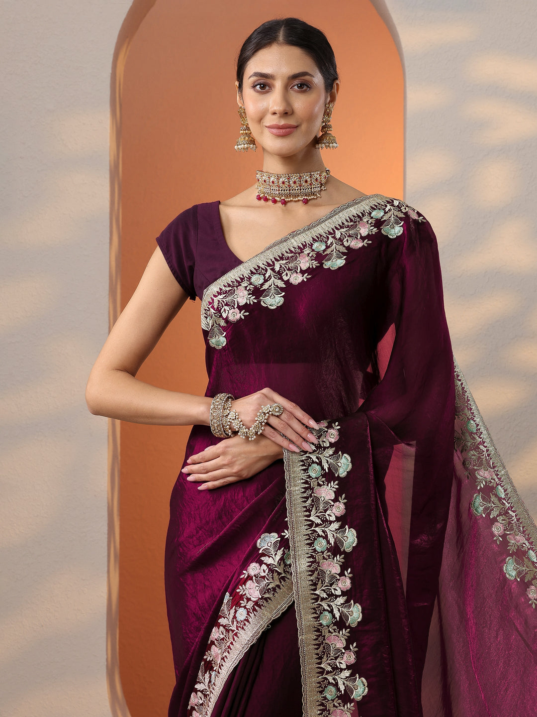  Burgundy Embroidered Organza Saree With Unstitched Blouse Piece 