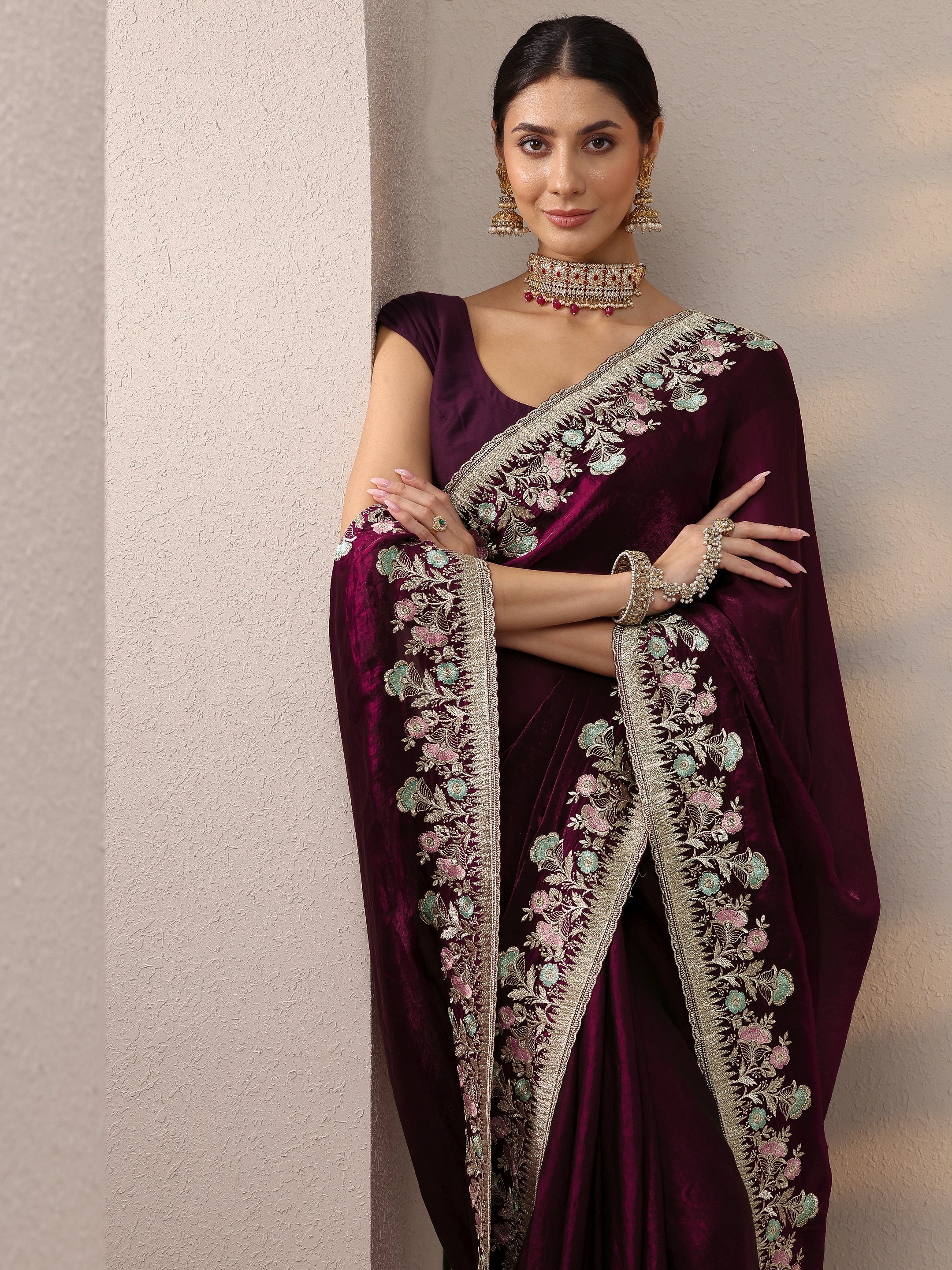 libas Burgundy Embroidered Organza Saree With Unstitched Blouse Piece-picture-55