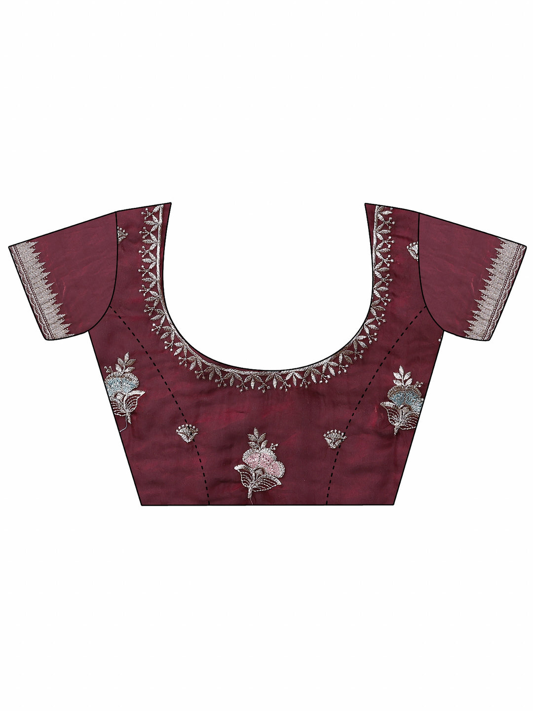 Burgundy Embroidered Organza Saree With Unstitched Blouse Piece 