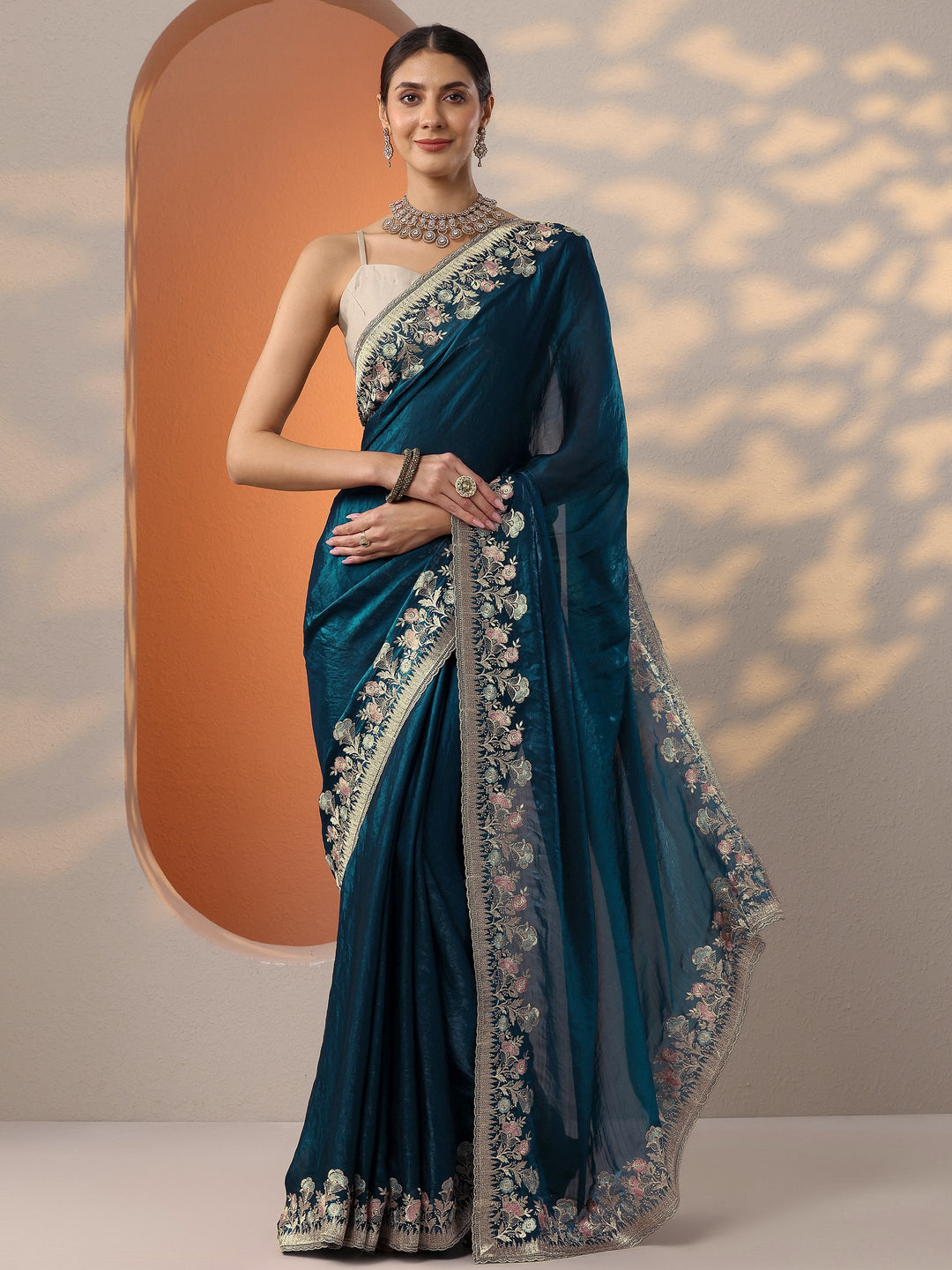  Blue Embroidered Organza Saree With Unstitched Blouse Piece 