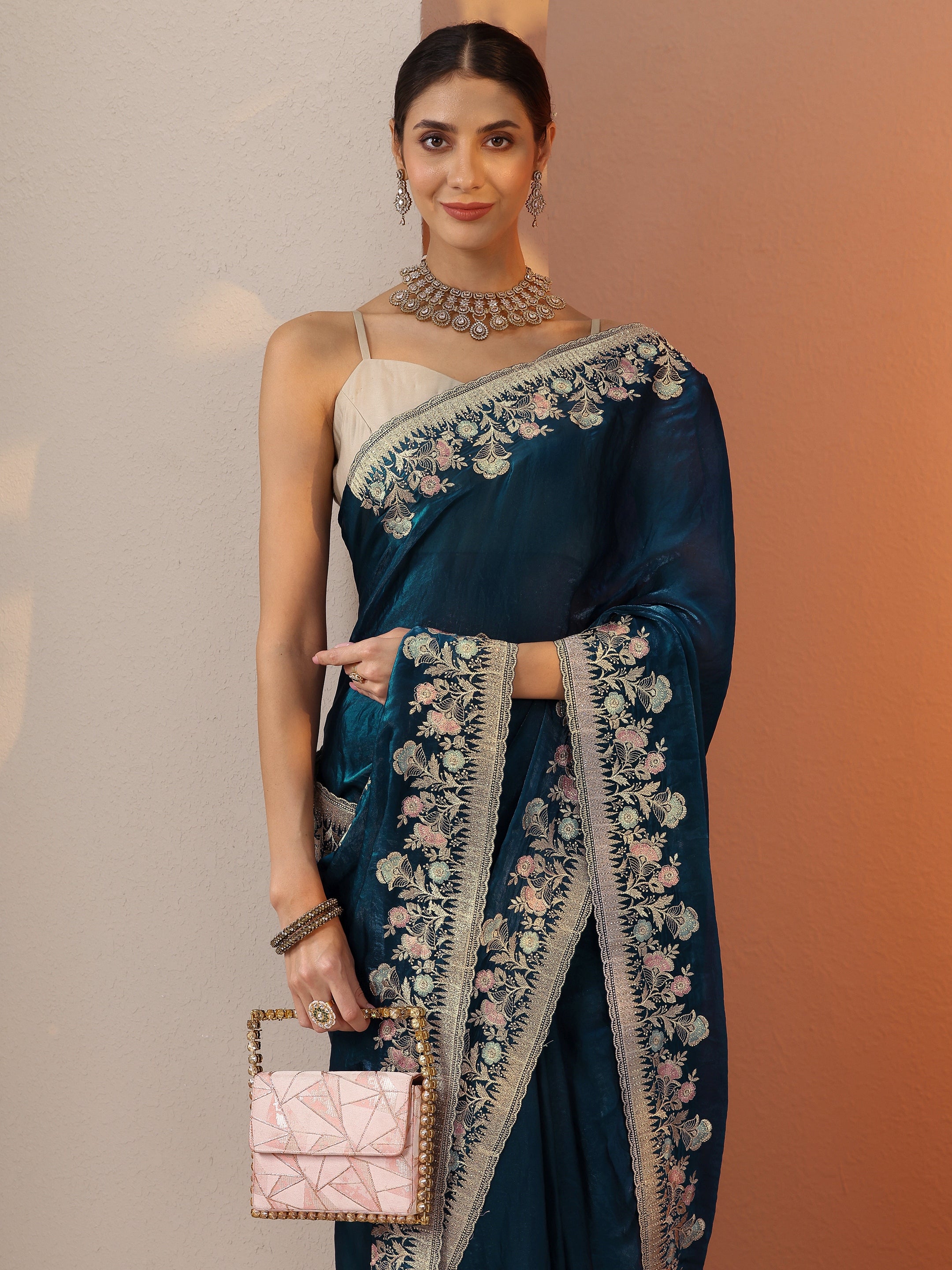 Blue Embroidered Organza Saree With Unstitched Blouse Piece-image-35