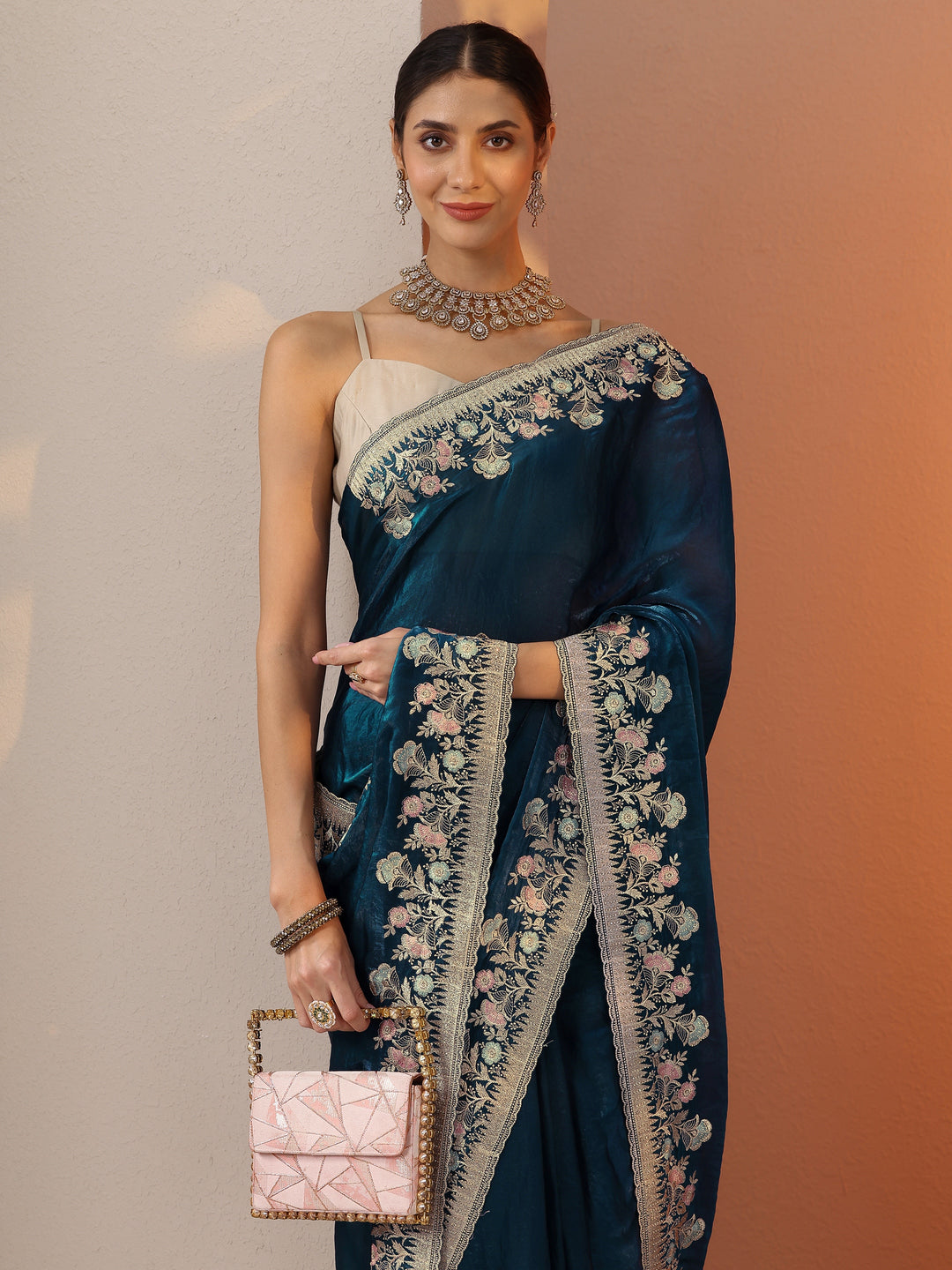  Blue Embroidered Organza Saree With Unstitched Blouse Piece 