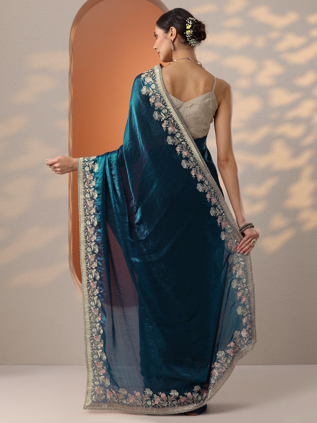  Blue Embroidered Organza Saree With Unstitched Blouse Piece 