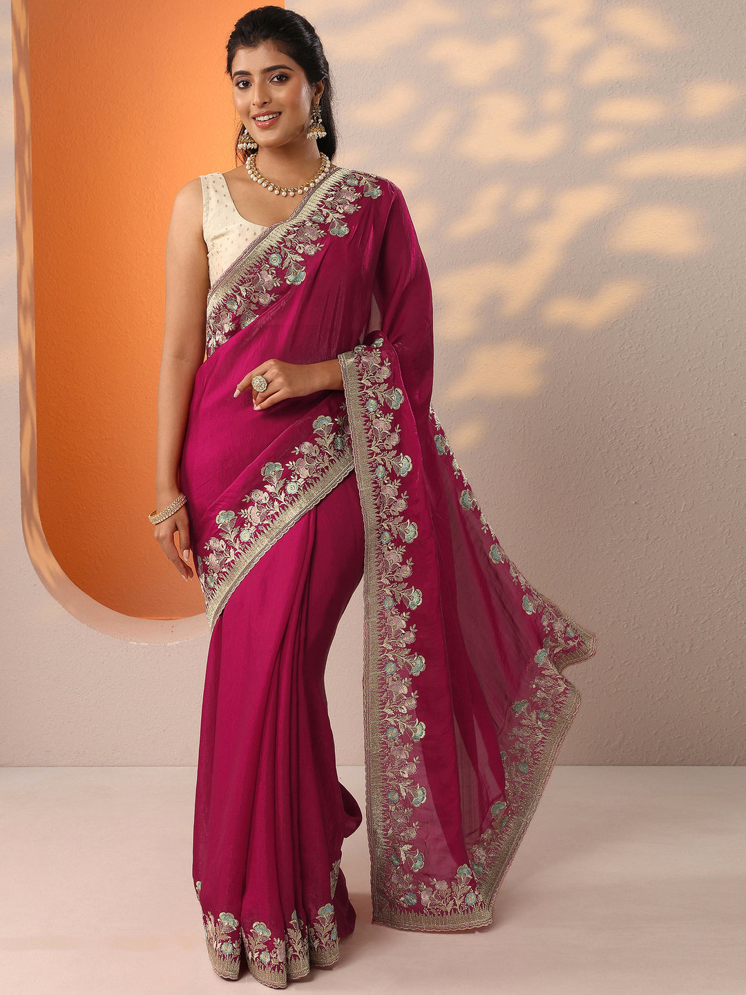  Pink Embroidered Organza Saree With Unstitched Blouse Piece 