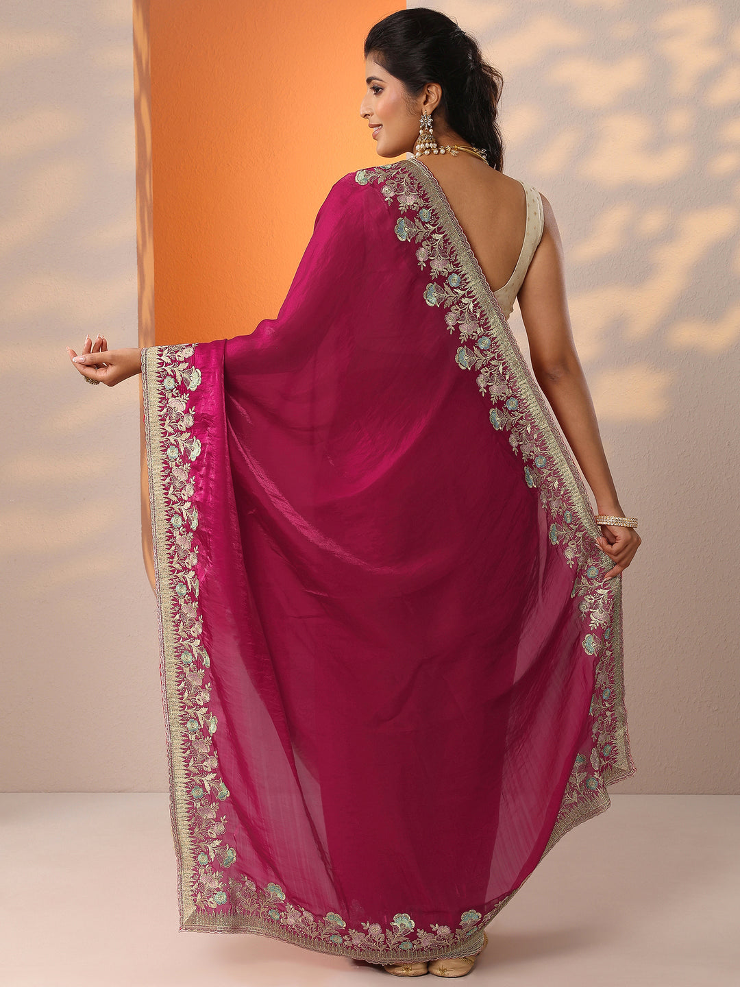  Pink Embroidered Organza Saree With Unstitched Blouse Piece 
