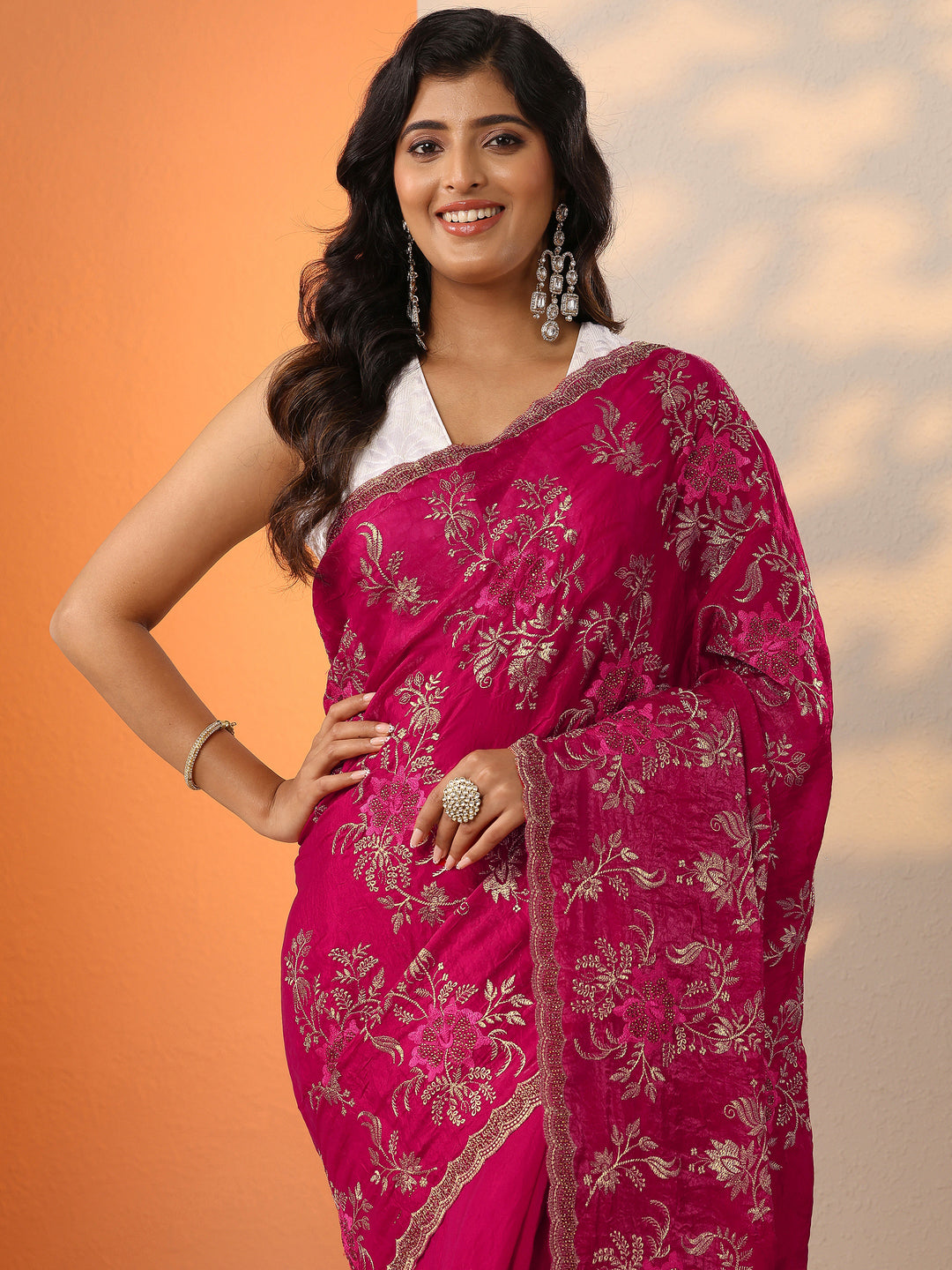  Pink Embroidered Organza Saree With Unstitched Blouse Piece 