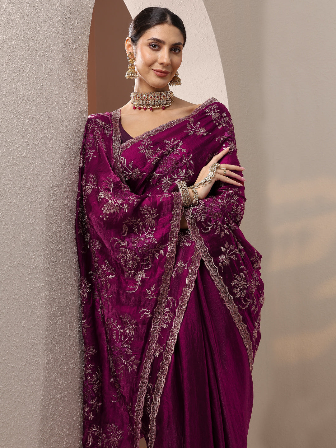  Maroon Embroidered Organza Saree With Unstitched Blouse Piece 