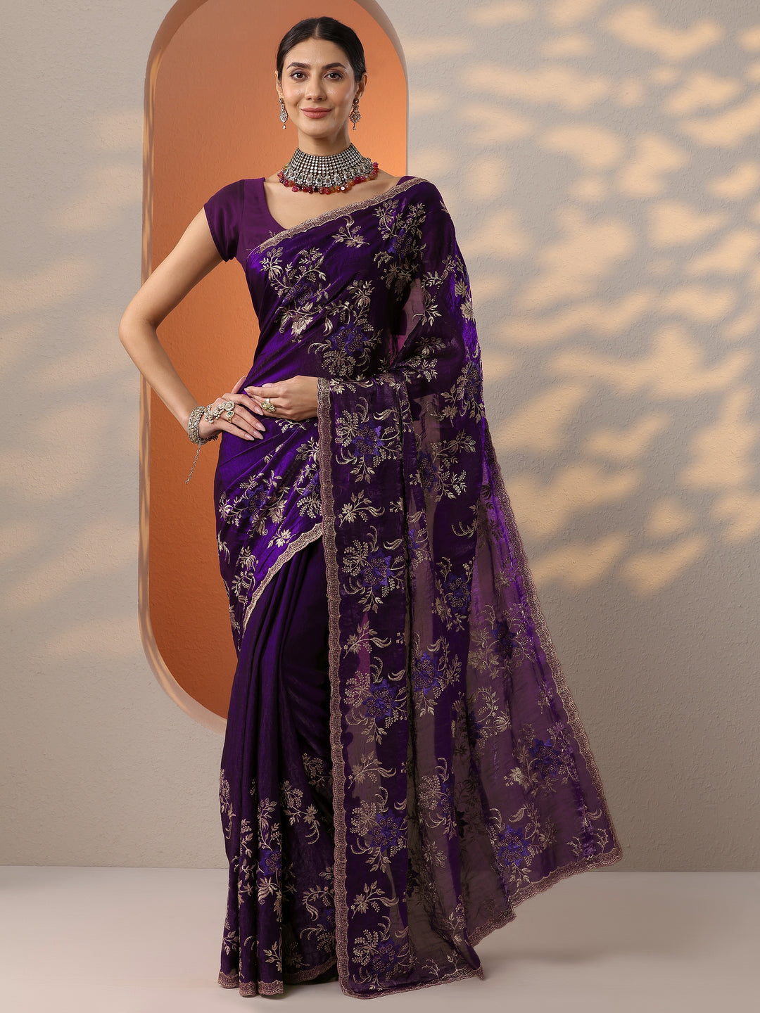  Purple Embroidered Organza Saree With Unstitched Blouse Piece 