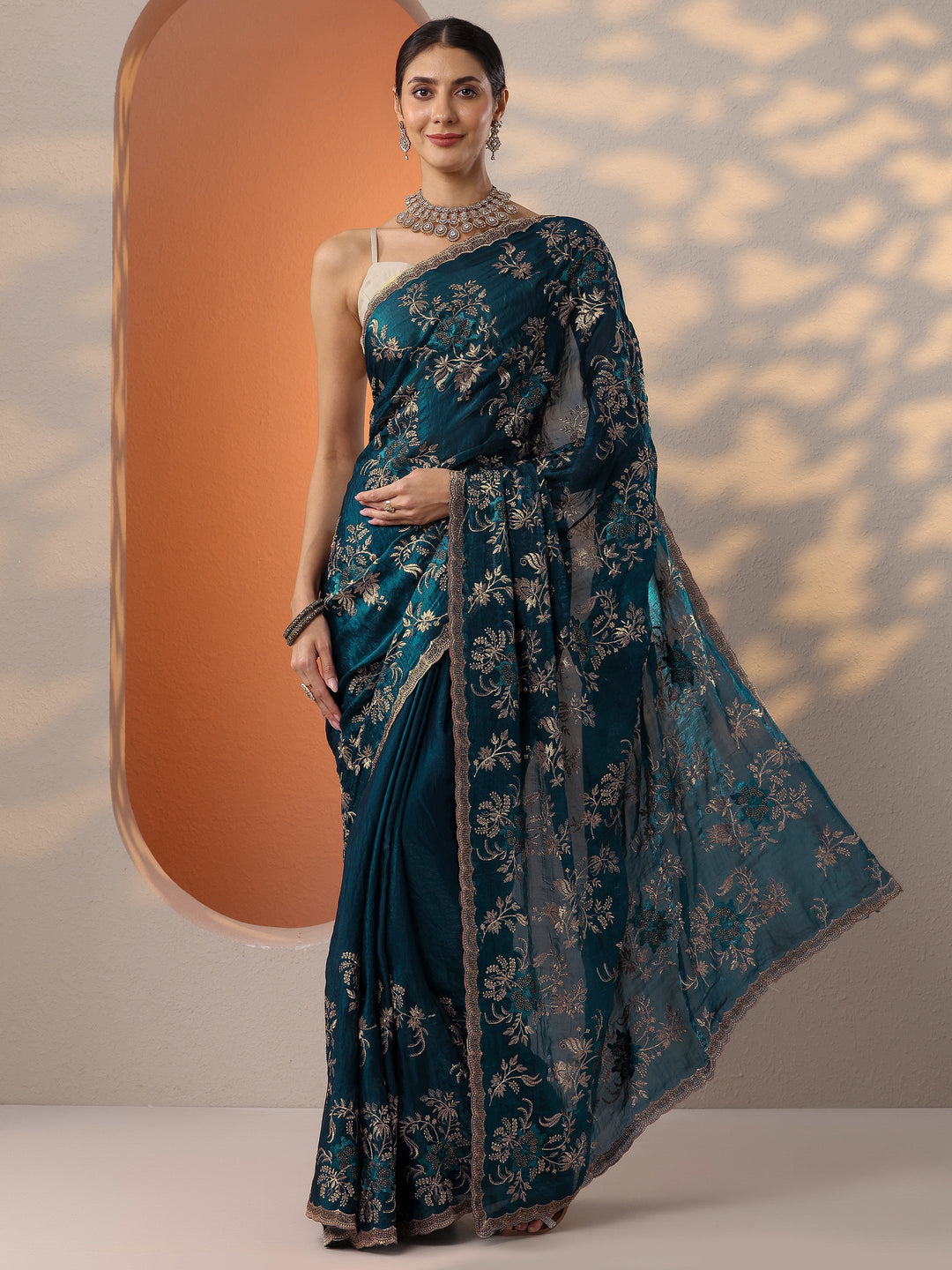  Blue Embroidered Organza Saree With Unstitched Blouse Piece 