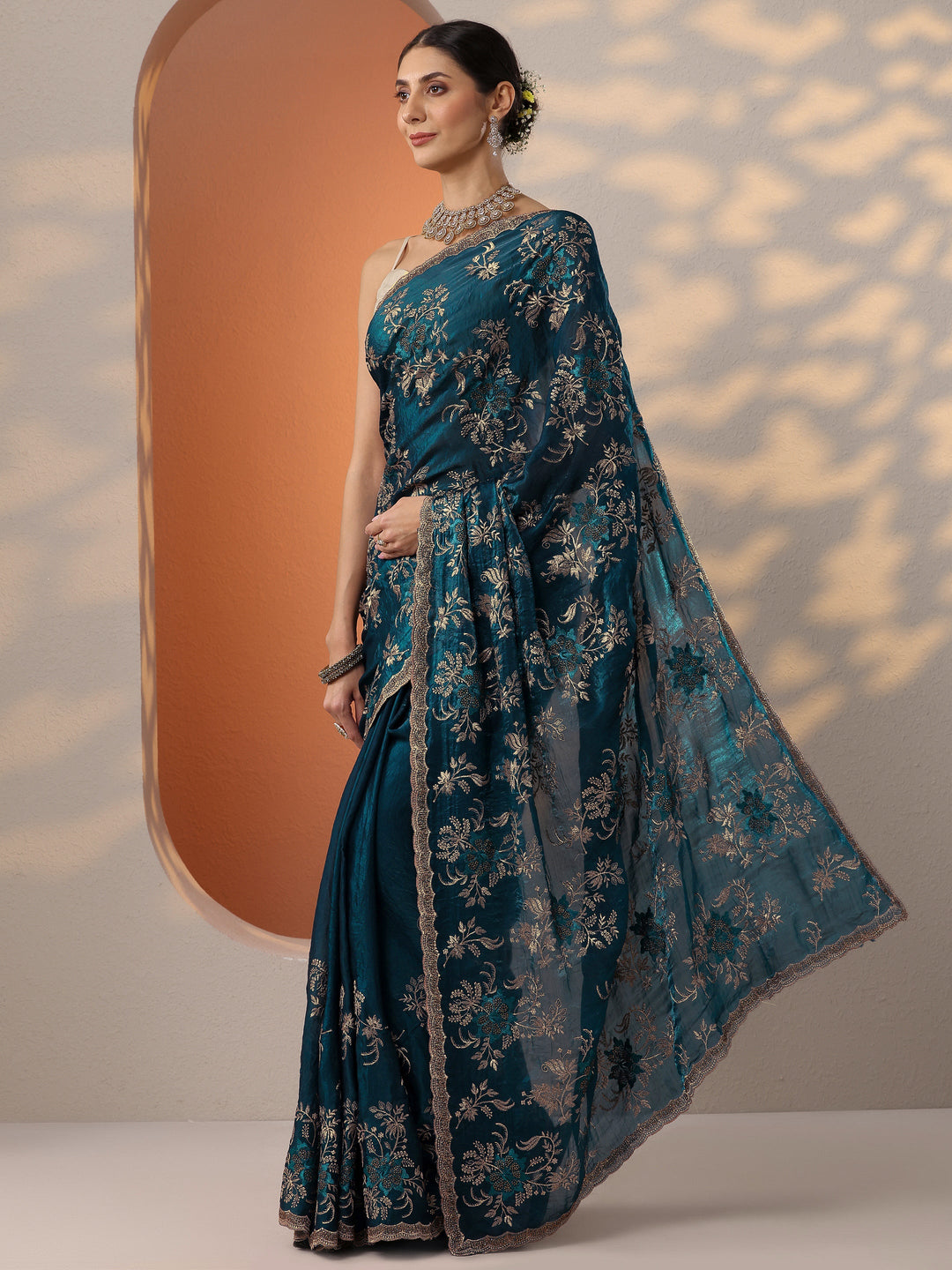  Blue Embroidered Organza Saree With Unstitched Blouse Piece 