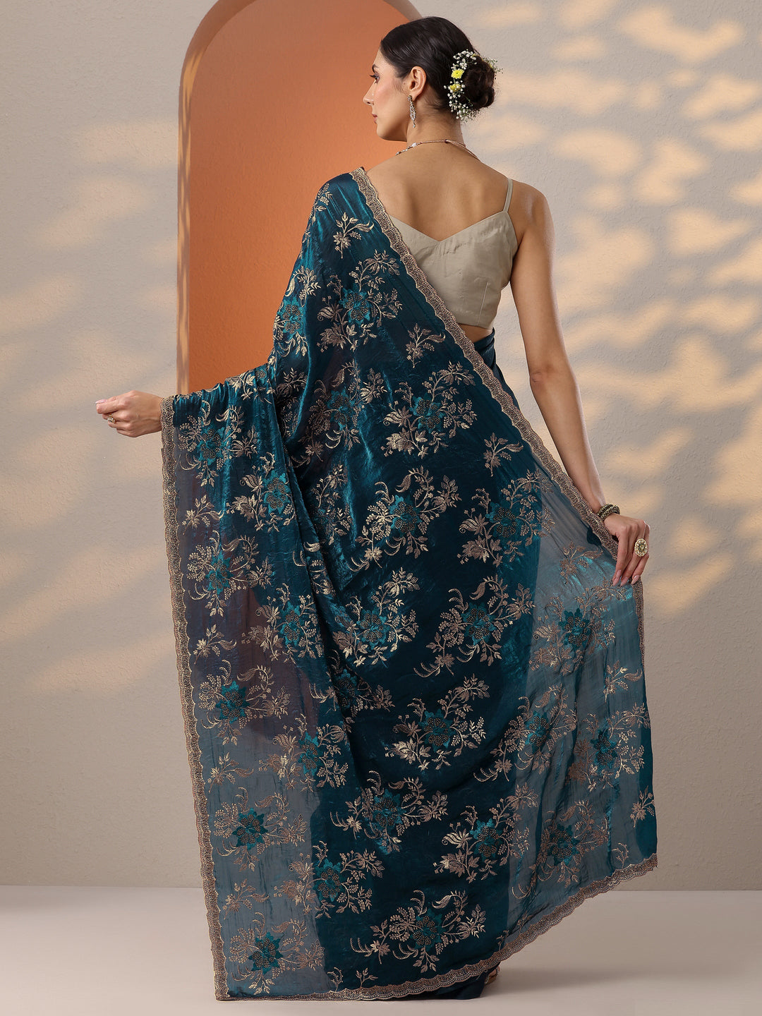  Blue Embroidered Organza Saree With Unstitched Blouse Piece 