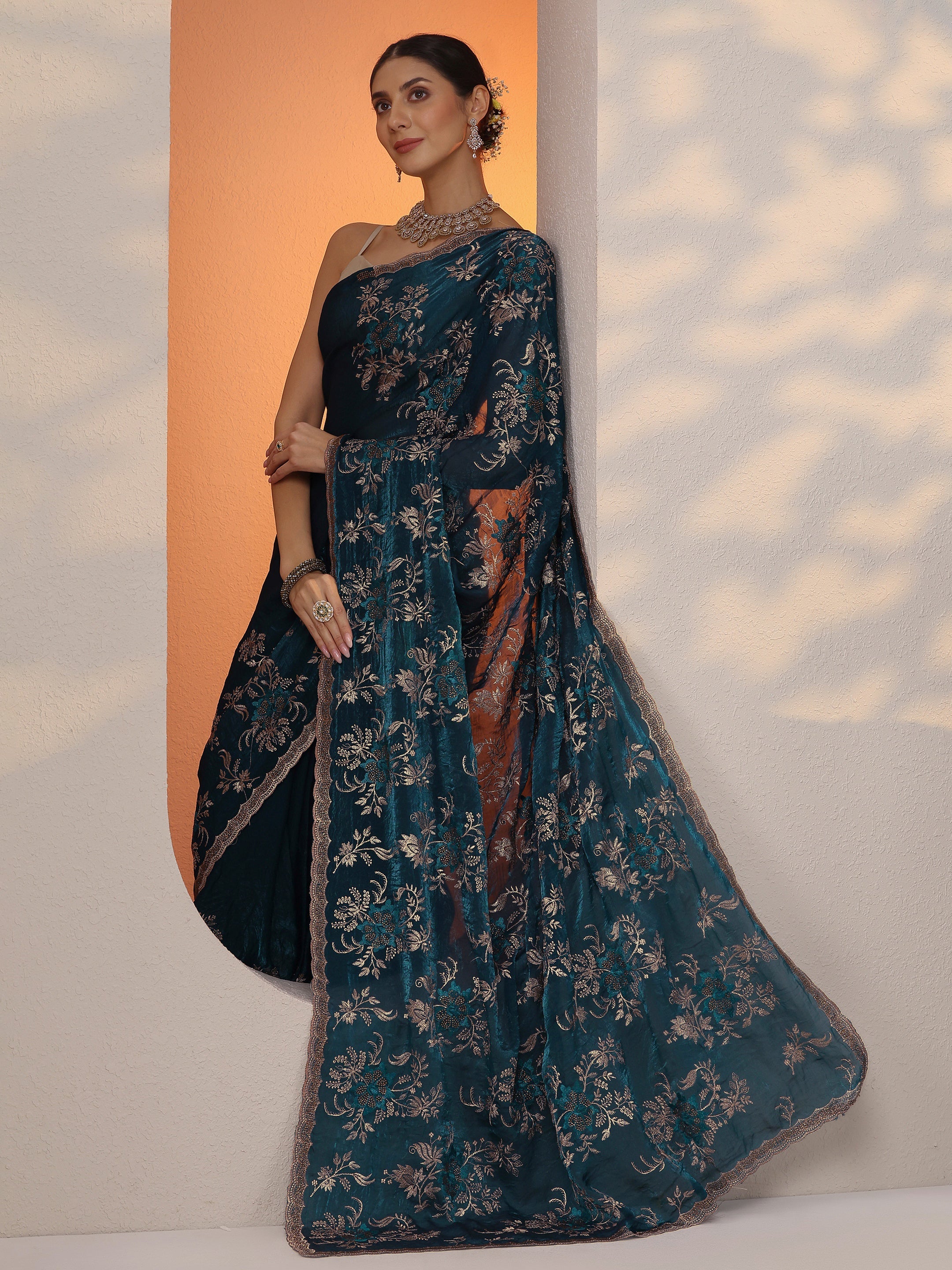 libas Blue Embroidered Organza Saree With Unstitched Blouse Piece-picture-64
