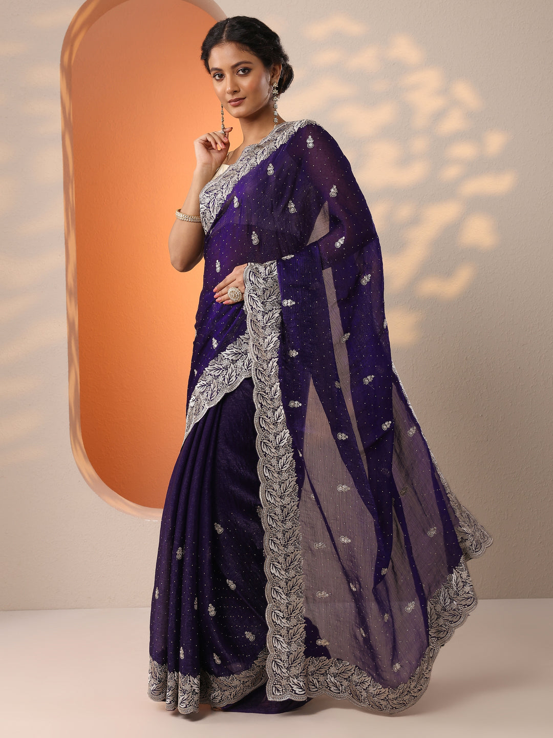  Purple Embellished Silk Blend Saree With Unstitched Blouse Piece 