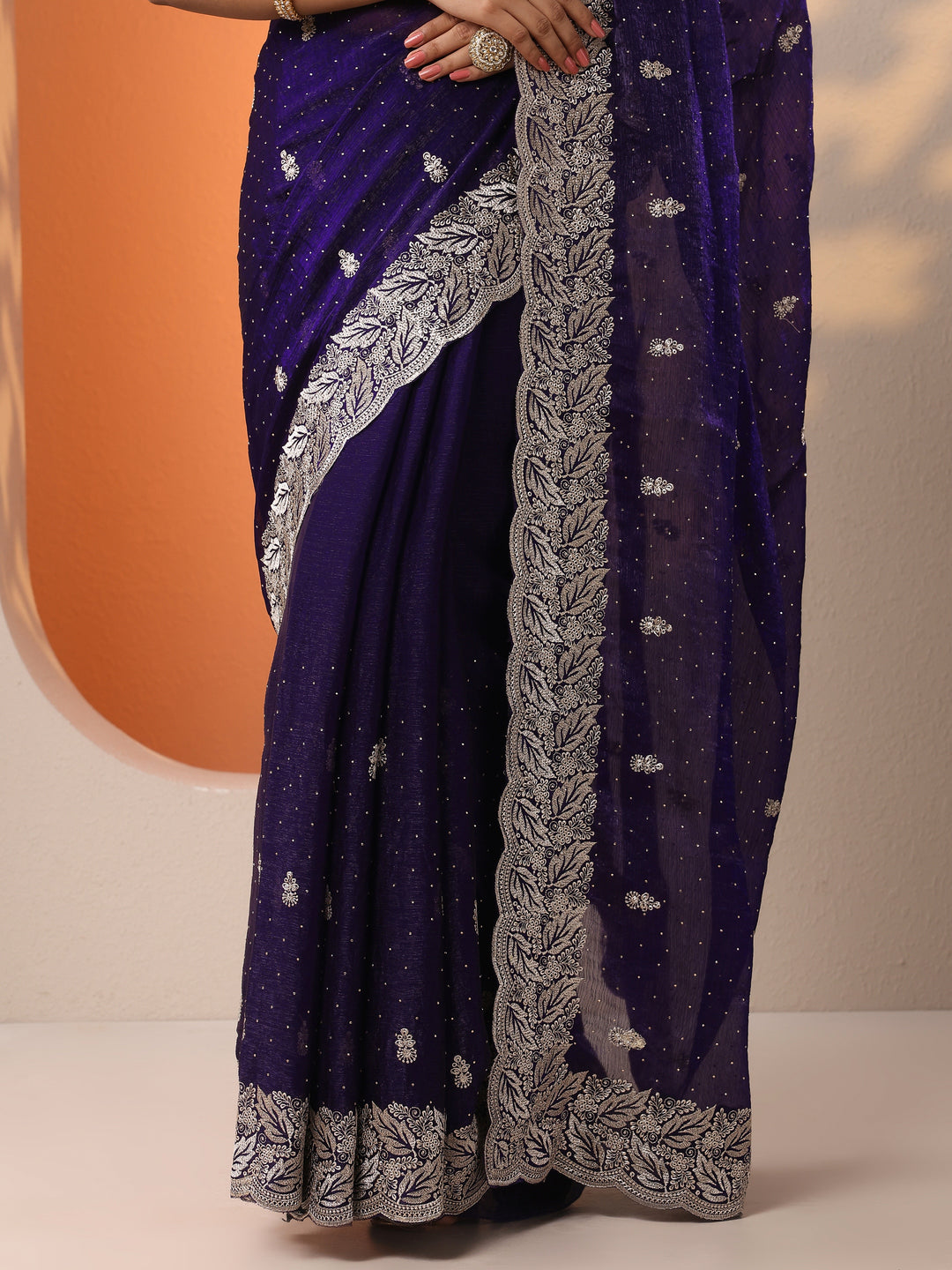  Purple Embellished Silk Blend Saree With Unstitched Blouse Piece 