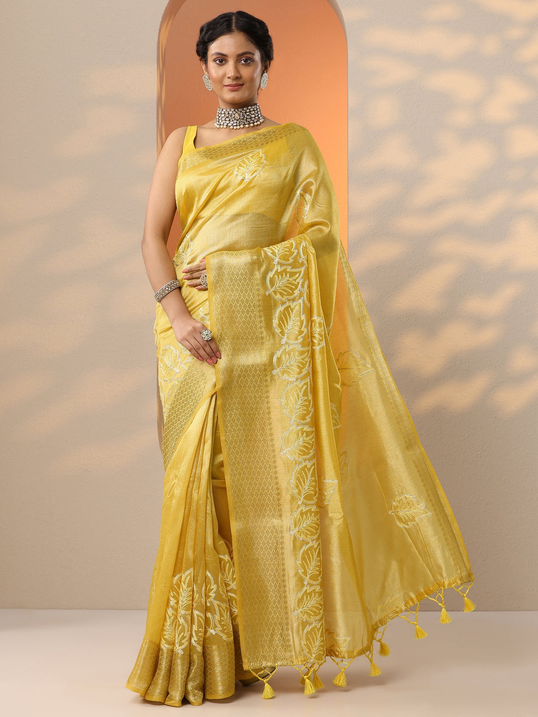  Yellow Embroidered Banarasi Silk Blend Saree With Unstitched Blouse Piece 