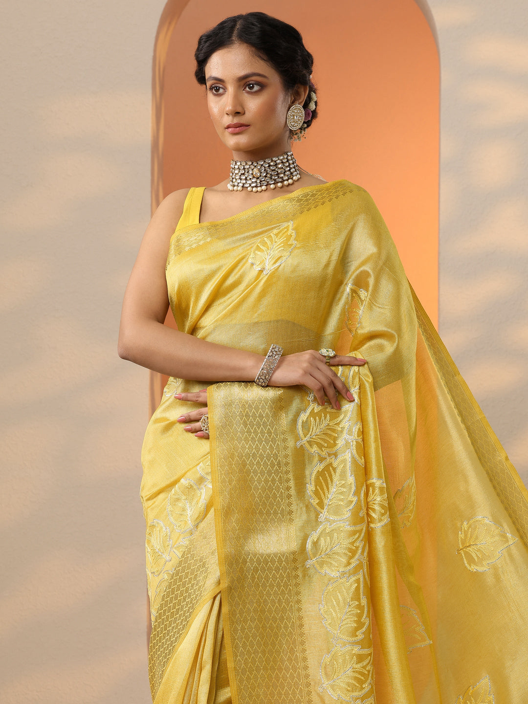  Yellow Embroidered Banarasi Silk Blend Saree With Unstitched Blouse Piece 