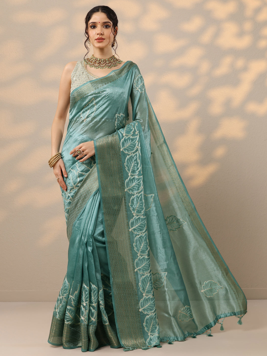  Blue Embroidered Silk Blend Saree With Unstitched Blouse Piece 