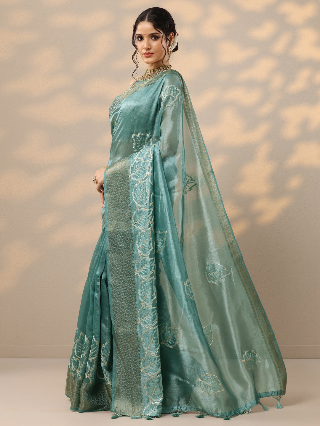  Blue Embroidered Silk Blend Saree With Unstitched Blouse Piece 