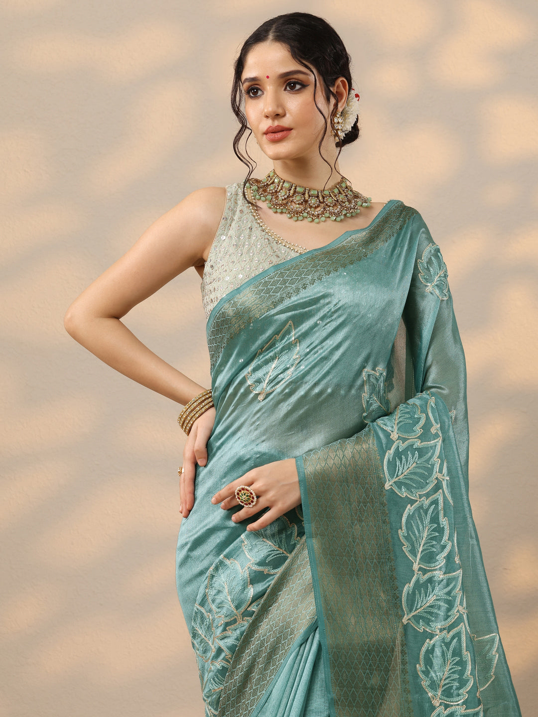  Blue Embroidered Silk Blend Saree With Unstitched Blouse Piece 