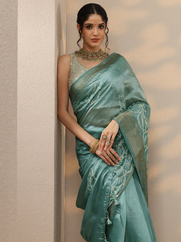 Blue Embroidered Silk Blend Saree With Unstitched Blouse Piece