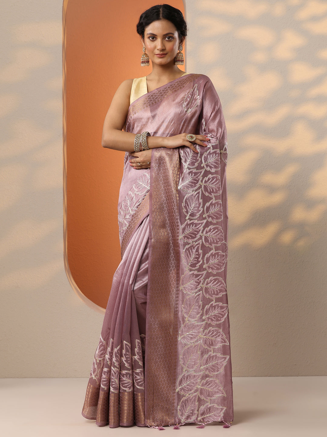  Lavender Embroidered Silk Blend Saree With Unstitched Blouse Piece 