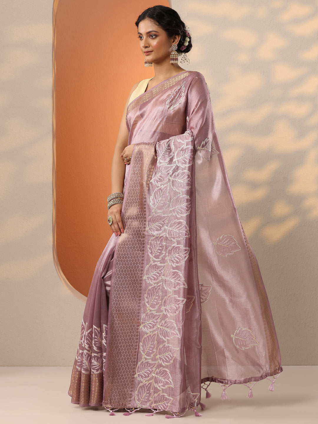  Lavender Embroidered Silk Blend Saree With Unstitched Blouse Piece 