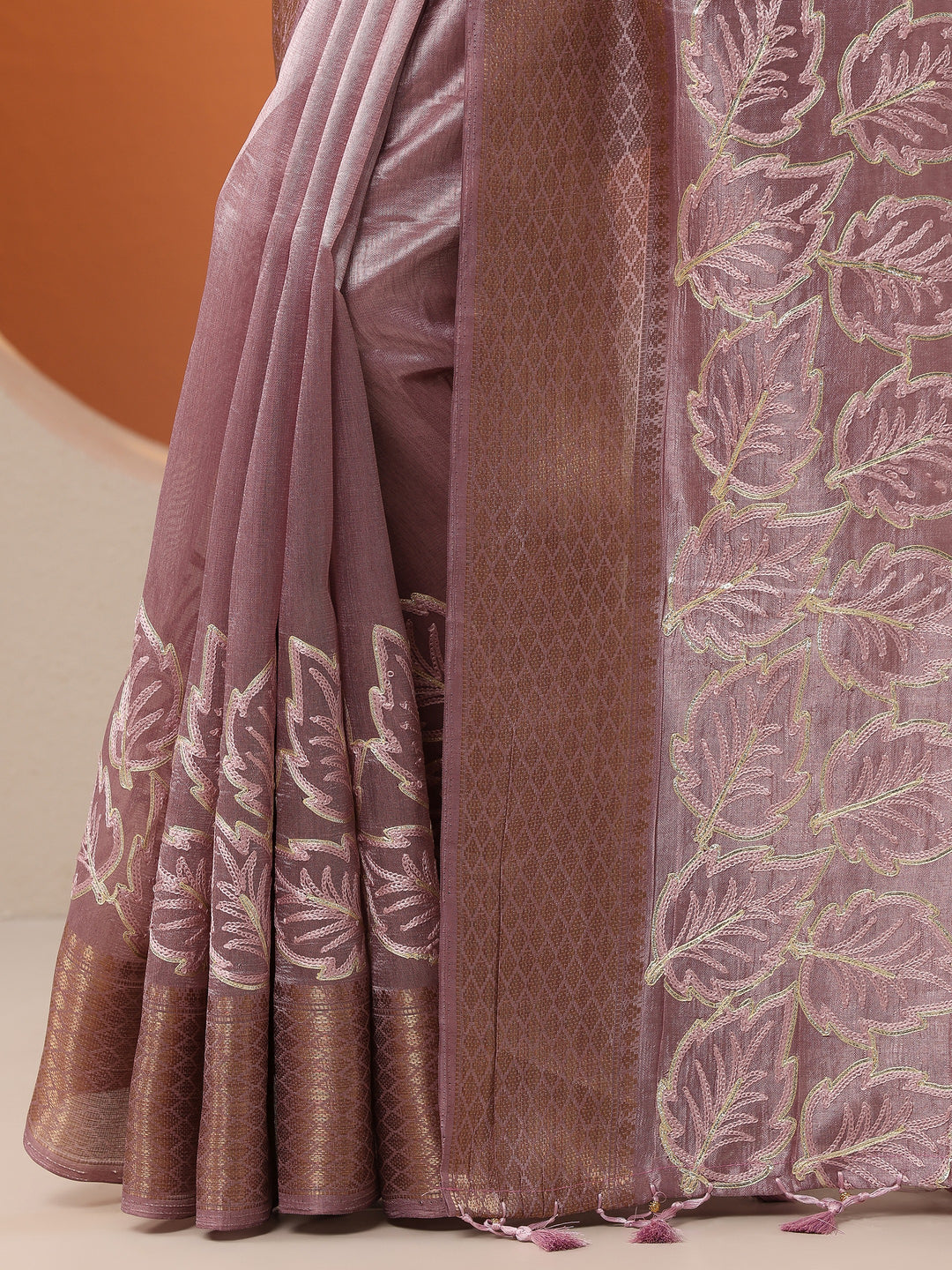  Lavender Embroidered Silk Blend Saree With Unstitched Blouse Piece 