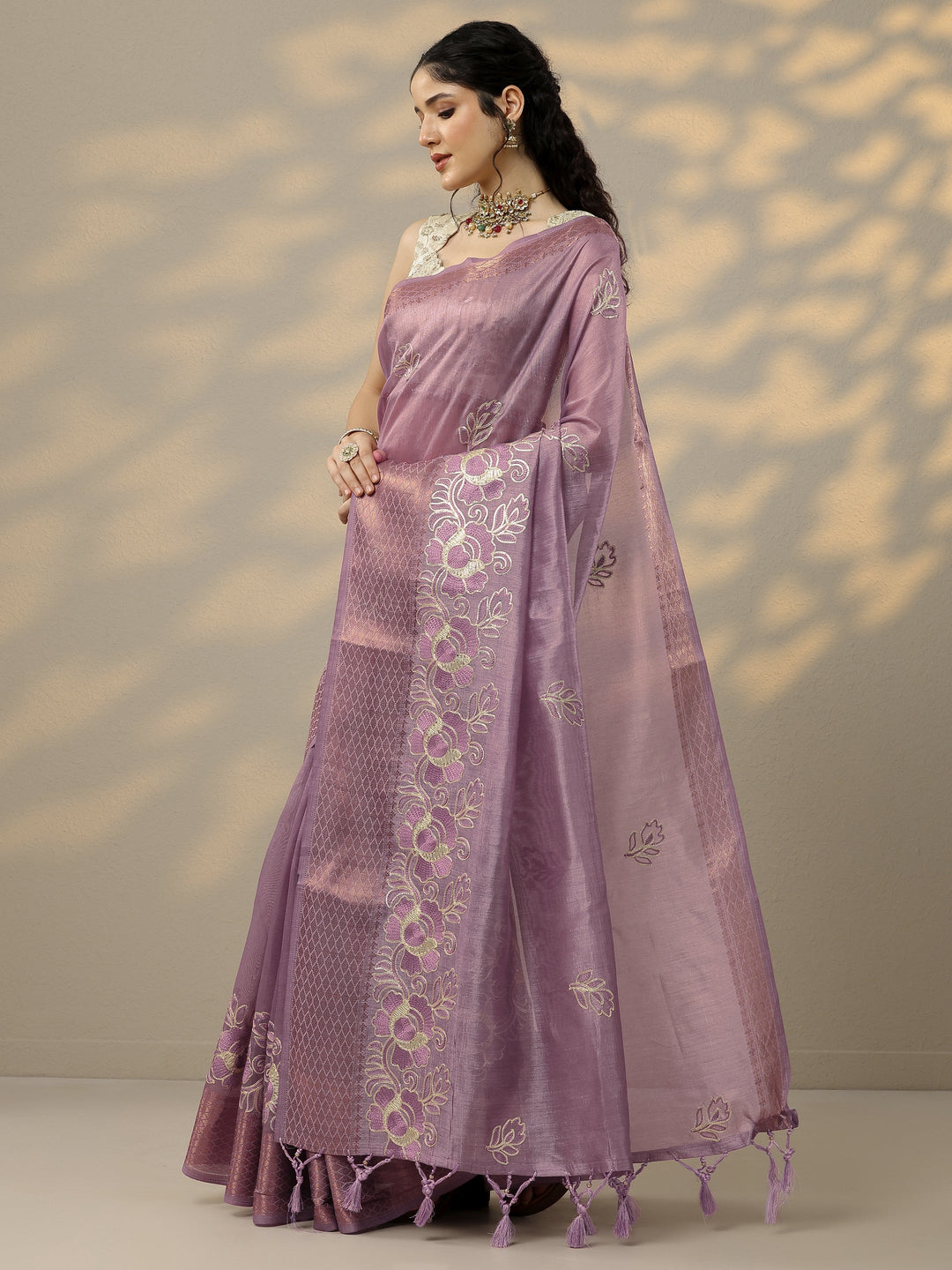  Lavender Embroidered Silk Blend Saree With Unstitched Blouse Piece 