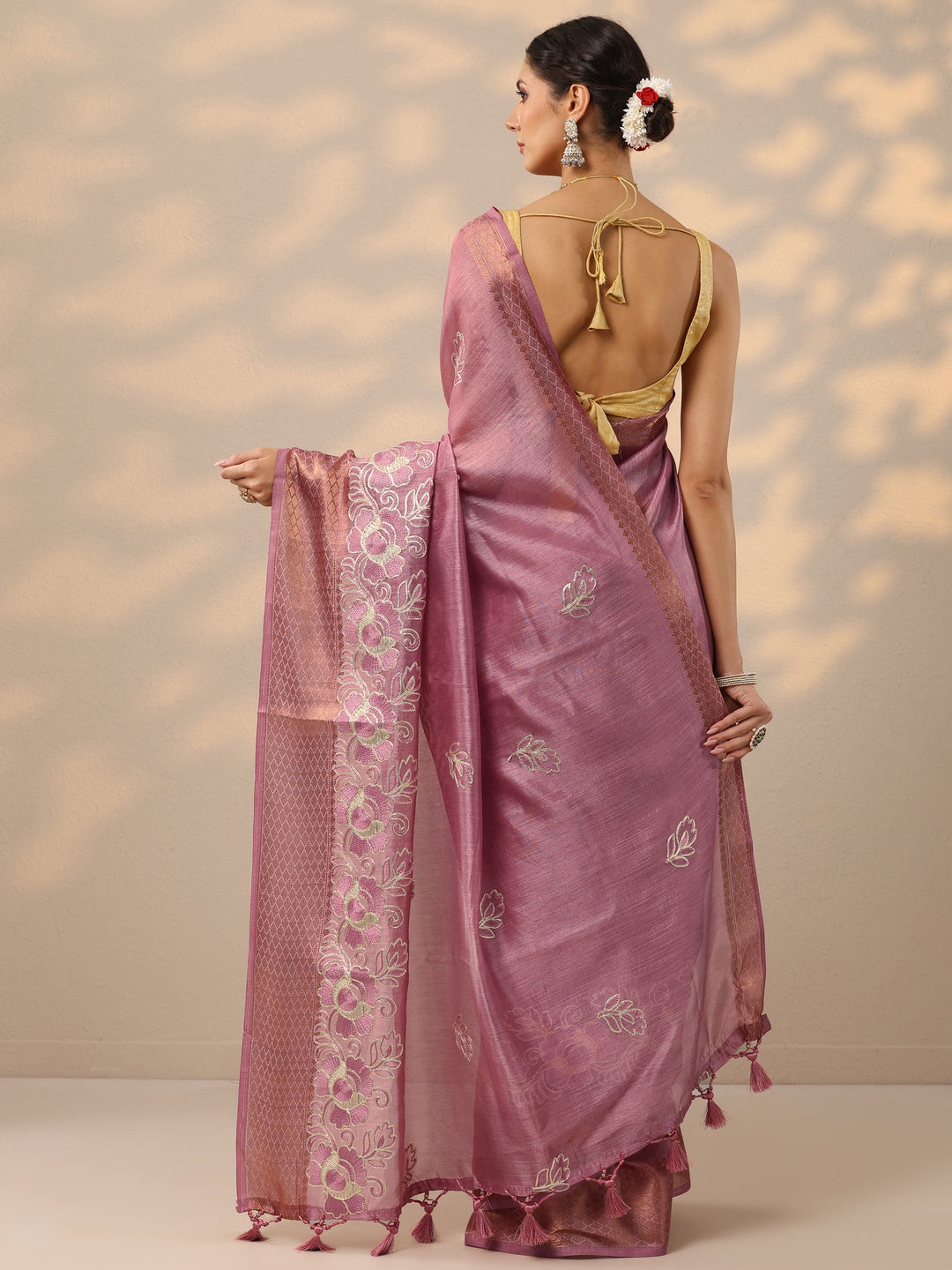  Pink Embroidered Silk Blend Saree With Unstitched Blouse Piece 