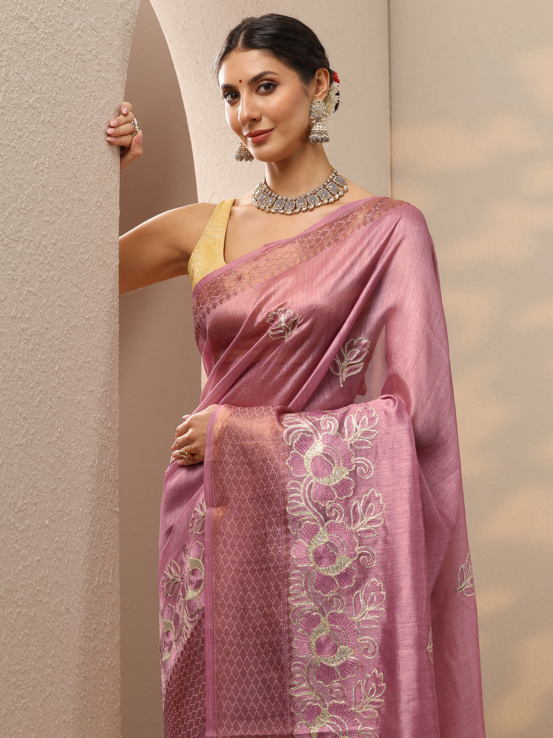  Pink Embroidered Silk Blend Saree With Unstitched Blouse Piece 