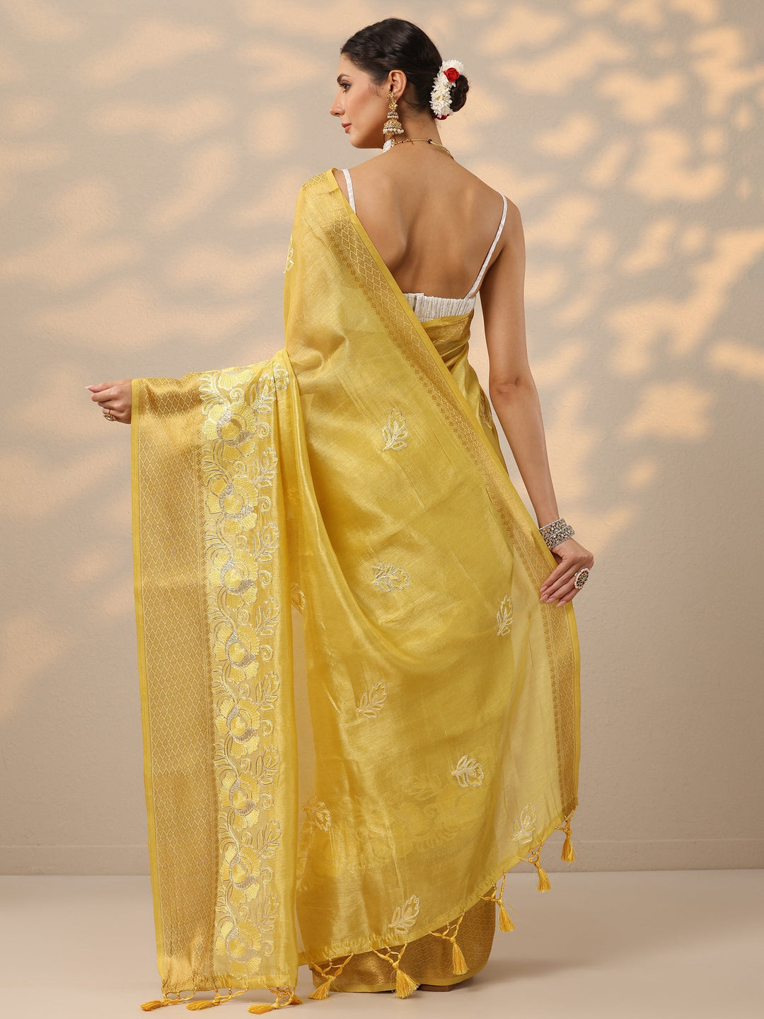  Yellow Embroidered Banarasi Silk Blend Saree With Unstitched Blouse Piece 