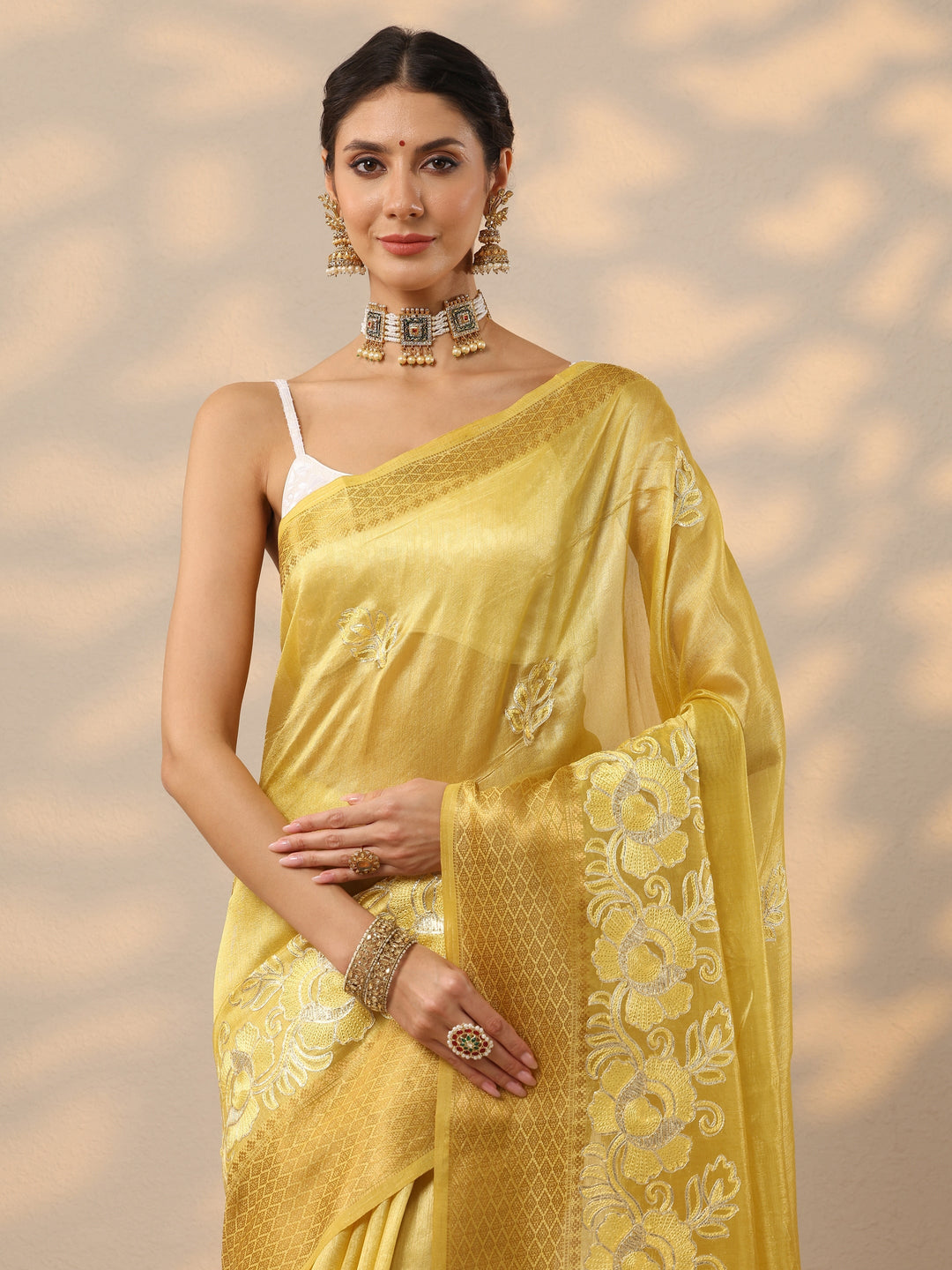  Yellow Embroidered Banarasi Silk Blend Saree With Unstitched Blouse Piece 