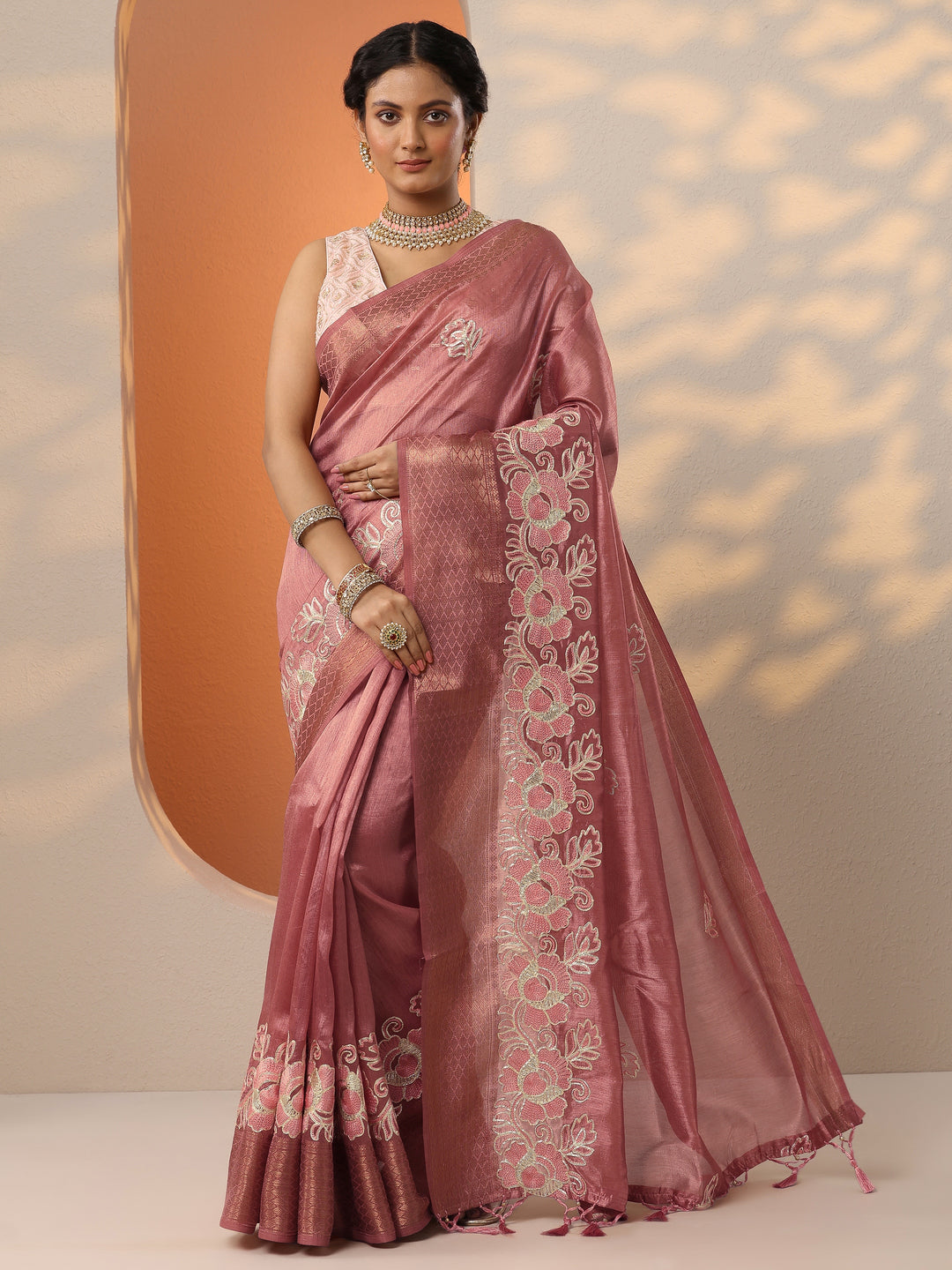  Peach Embroidered Silk Blend Saree With Unstitched Blouse Piece 
