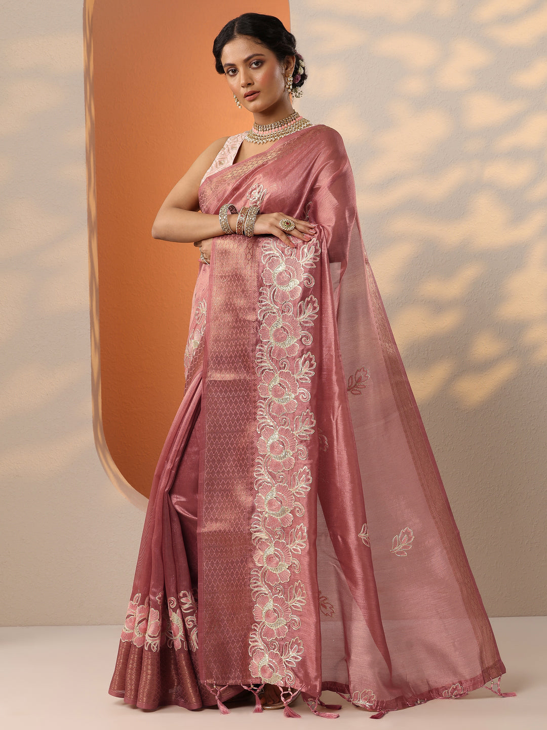  Peach Embroidered Silk Blend Saree With Unstitched Blouse Piece 