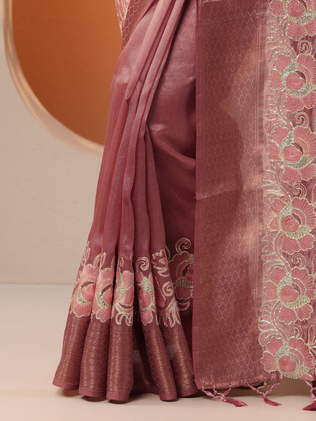  Peach Embroidered Silk Blend Saree With Unstitched Blouse Piece 