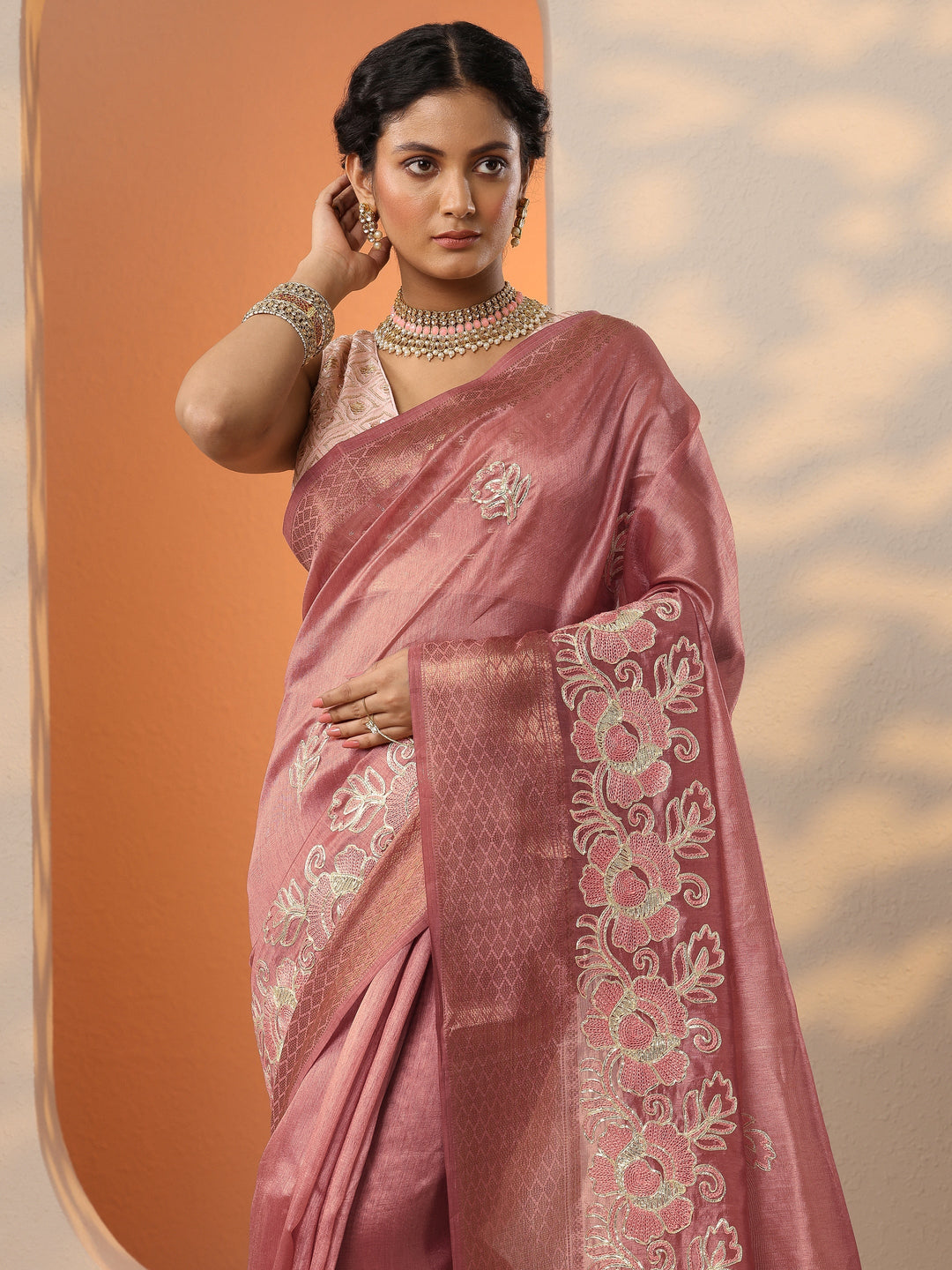  Peach Embroidered Silk Blend Saree With Unstitched Blouse Piece 