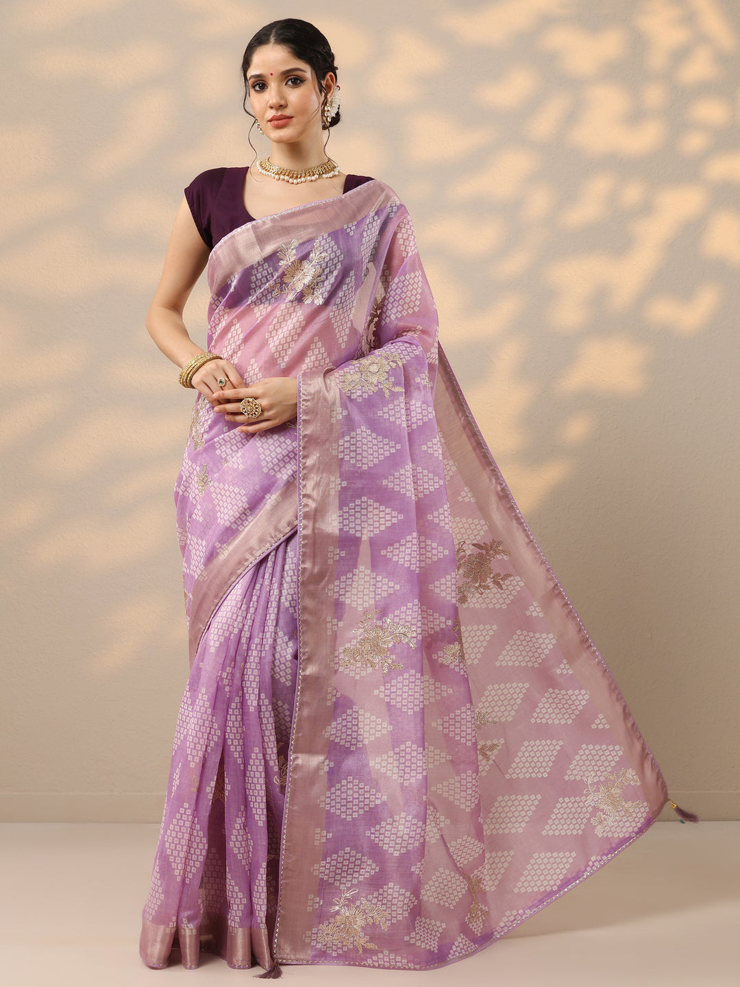  Lavender Printed Banarasi Silk Blend Saree With Unstitched Blouse Piece 